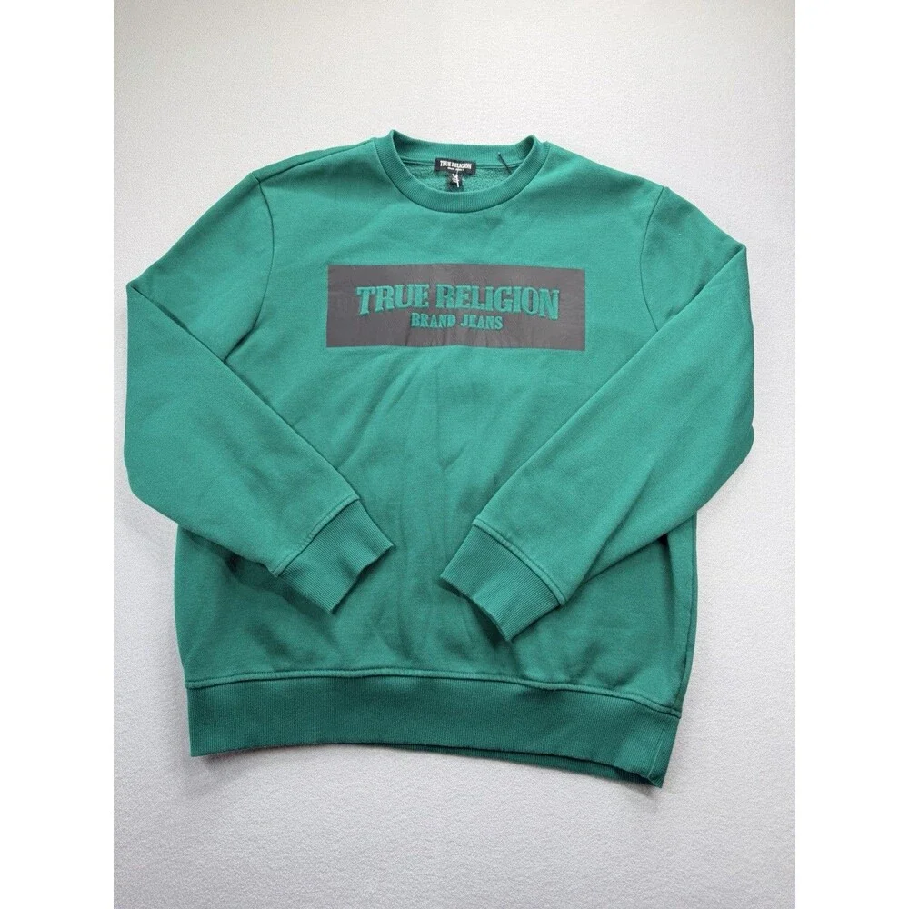 True Religion Green Crewneck Sweatshirt Men’s Large Logo Graphic Fleece Pullover